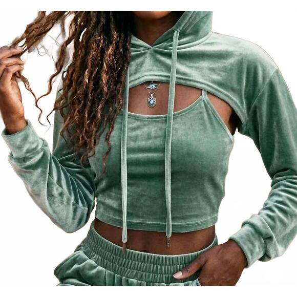 SURELYMINE Tops - NEW SURELYMINE malibu vintage relaxed velvet cropped hoodie set in mint